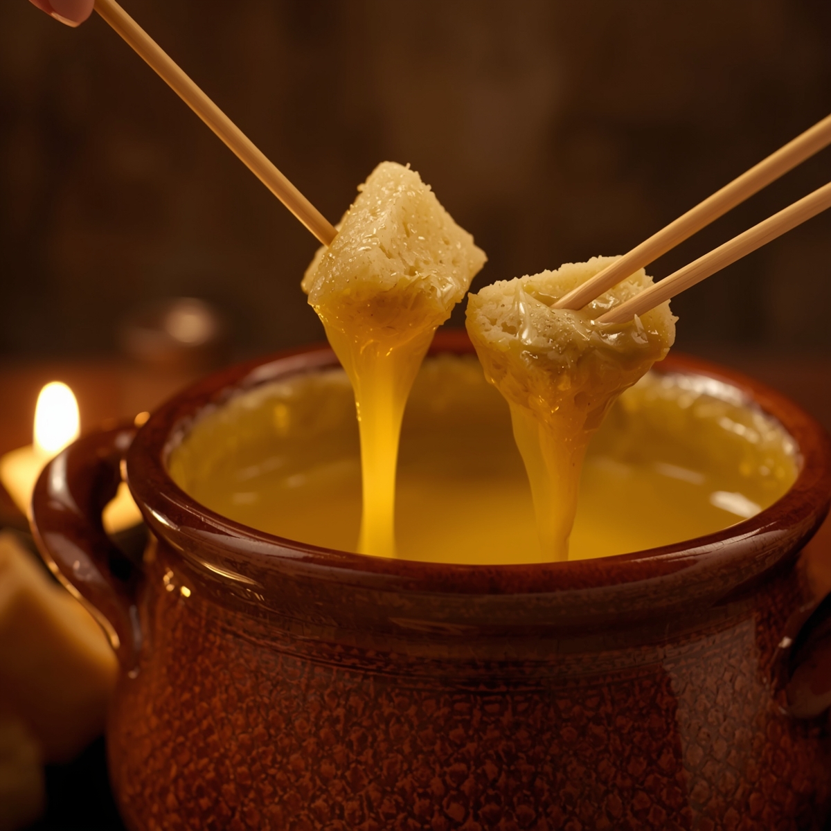 Bubbling cheese fondue pot with bread cubes