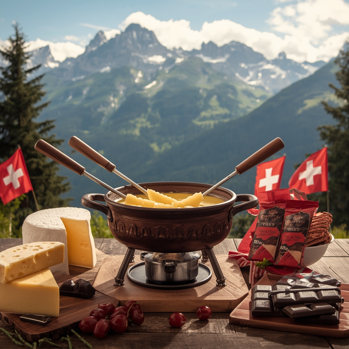 Swiss alpine scene with fondue pot, cheese wheels, and chocolate