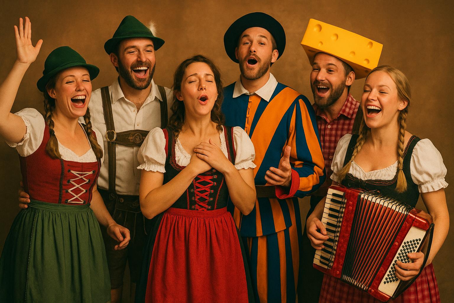 People in playful Swiss-themed costumes